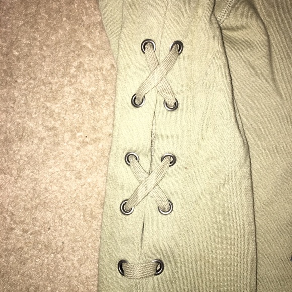 PINK Olive Green Cropped Lace Up Sweater - Picture 3 of 5